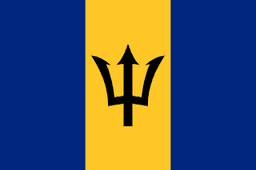 The flag of Barbados is composed of three equal vertical bands of ultramarine, gold and ultramarine. The head of a black trident is centered in the gold band.