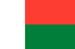 The flag of Madagascar features a white vertical band on the hoist side that takes up about one-third the width of the field, and two equal horizontal bands of red and green adjoining the vertical band.