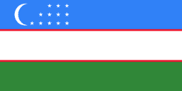 The flag of Uzbekistan is composed of three equal horizontal bands of turquoise, white with red top and bottom edges, and green. On the hoist side of the turquoise band is a fly-side facing white crescent and twelve five-pointed white stars arranged just outside the crescent opening in three rows comprising three, four and five stars.
